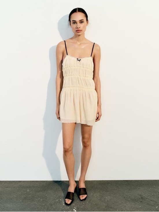 Zara Dresses & Skirts - Zara NWT Romantic Coquette Ruched Babydoll Bow Spaghetti Strap Mini Dress (XS)